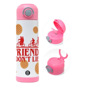 Friends Don't Lie, Stranger Things, Παιδικό παγούρι θερμό, ανοξείδωτο, με καλαμάκι ασφαλείας, ΡΟΖ (500ml)