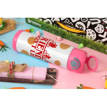 Friends Don't Lie, Stranger Things, Πασχαλινή Λαμπάδα με Παιδικό παγούρι θερμό, ανοξείδωτο, με καλαμάκι ασφαλείας, ΡΟΖ (500ml)