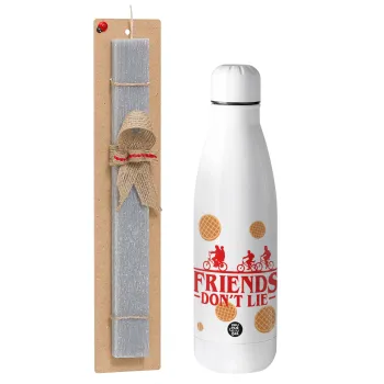 Friends Don't Lie, Stranger Things, Easter Set, metallic stainless thermos bottle (500ml) & scented flat Easter candle (30cm) (GRAY)