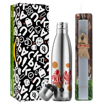 Friends Don't Lie, Stranger Things, Easter Set, metallic stainless thermos flask (500ml) & scented flat Easter candle (30cm) (GRAY)