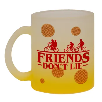 Friends Don't Lie, Stranger Things, Κούπα γυάλινη δίχρωμη με βάση το κίτρινο ματ, 330ml
