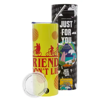 Friends Don't Lie, Stranger Things, Neon Yellow Travel Tumbler θερμό, μεταλλικό καλαμάκι(Ανωξείδωτο 304 Food grade, BPA free, 600ml)