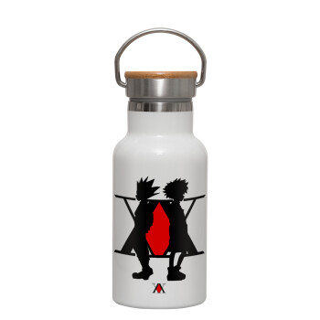 hunter x hunter, Metallic thermos (Stainless steel) White with wooden lid (bamboo), double-walled, 350ml