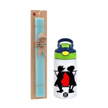 hunter x hunter, Easter Set, Children's thermal stainless steel bottle with safety straw, green/blue (350ml) & aromatic flat Easter candle (30cm) (TURQUOISE)