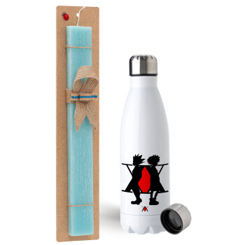 hunter x hunter, Easter Set, metallic stainless steel water bottle (750ml) & aromatic flat Easter candle (30cm) (TURQUOISE)