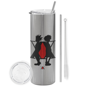 hunter x hunter, Eco friendly stainless steel Silver tumbler 600ml, with metal straw & cleaning brush