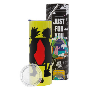 hunter x hunter, Neon Yellow Travel Tumbler θερμό, μεταλλικό καλαμάκι(Ανωξείδωτο 304 Food grade, BPA free, 600ml)
