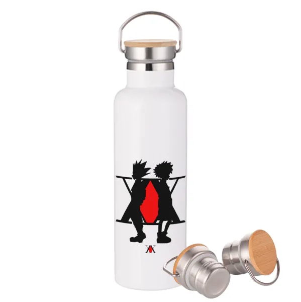 hunter x hunter — Μεταλλικό παγούρι θερμός (Stainless steel) Λευκό με ξύλινο καπάκι (bamboo), διπλού τοιχώματος, 750ml