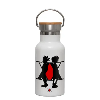 hunter x hunter, Metallic thermos (Stainless steel) White with wooden lid (bamboo), double-walled, 350ml
