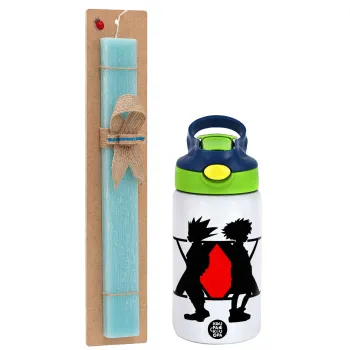 hunter x hunter, Easter Set, Children's thermal stainless steel bottle with safety straw, green/blue (350ml) & aromatic flat Easter candle (30cm) (TURQUOISE)