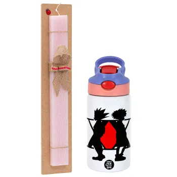 hunter x hunter, Easter Set, Children's thermal stainless steel water bottle with safety straw, pink/purple (350ml) & Easter scented flat candle (30cm) (PINK)