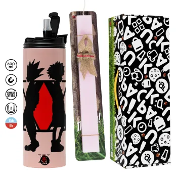 hunter x hunter, Πασχαλινή Λαμπάδα με  ΡΟΖ Travel Tumbler θερμό (600ml, BPA free) & κερί αρωματικό πλακέ (30cm) (ΡΟΖ)