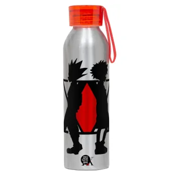 hunter x hunter, Αλουμινένιο Αθλητικό Μπουκάλι 650ml – Ασημί με Κόκκινο Καπάκι και Λουράκι Σιλικόνης