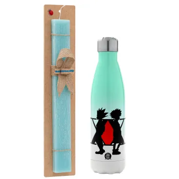 hunter x hunter, Easter Set, Metallic green/white thermos (Stainless steel), double-walled, 500ml & scented flat Easter candle (30cm) (TURQUOISE)