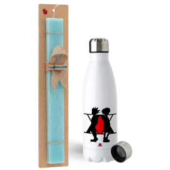 hunter x hunter, Easter Set, metallic stainless steel water bottle (750ml) & aromatic flat Easter candle (30cm) (TURQUOISE)