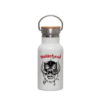motorhead, Metallic thermos (Stainless steel) White with wooden lid (bamboo), double-walled, 350ml