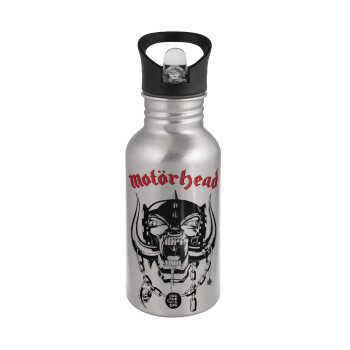 motorhead, Water bottle Silver with straw, stainless steel 500ml