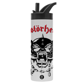 motorhead, Metallic thermos bottle with straw & handle, stainless steel (Stainless steel 304), double-walled, 600ml.