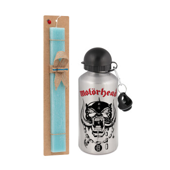motorhead, Easter Set, metallic silver aluminum water bottle (500ml) & scented flat Easter candle (30cm) (TURQUOISE)