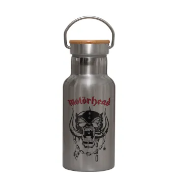 motorhead, Μεταλλικό παγούρι θερμός (Stainless steel) Ασημένιο με ξύλινο καπακι (bamboo), διπλού τοιχώματος, 350ml
