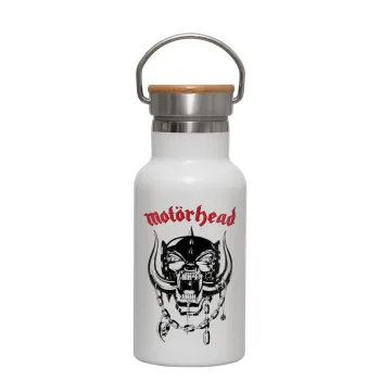 motorhead, Metallic thermos (Stainless steel) White with wooden lid (bamboo), double-walled, 350ml