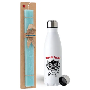 motorhead, Easter Set, metallic stainless steel water bottle (750ml) & aromatic flat Easter candle (30cm) (TURQUOISE)