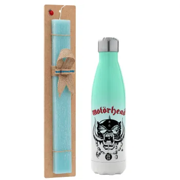 motorhead, Easter Set, Metallic green/white thermos (Stainless steel), double-walled, 500ml & scented flat Easter candle (30cm) (TURQUOISE)