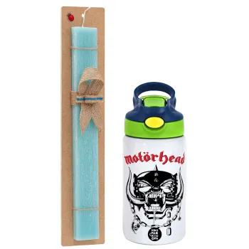motorhead, Easter Set, Children's thermal stainless steel bottle with safety straw, green/blue (350ml) & aromatic flat Easter candle (30cm) (TURQUOISE)