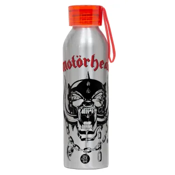 motorhead, Αλουμινένιο Αθλητικό Μπουκάλι 650ml – Ασημί με Κόκκινο Καπάκι και Λουράκι Σιλικόνης