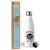 Easter Set, metallic stainless steel water bottle (750ml) & aromatic flat Easter candle (30cm) (TURQUOISE)
