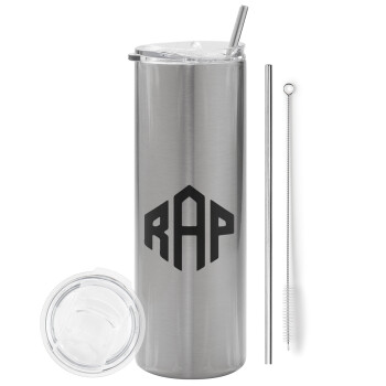RAP, Eco friendly ποτήρι θερμό Ασημένιο (tumbler) από ανοξείδωτο ατσάλι 600ml, με μεταλλικό καλαμάκι & βούρτσα καθαρισμού