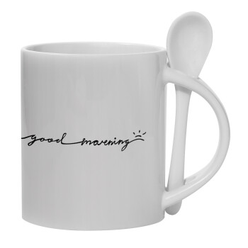 Good morning, Ceramic coffee mug with Spoon, 330ml (1pcs)
