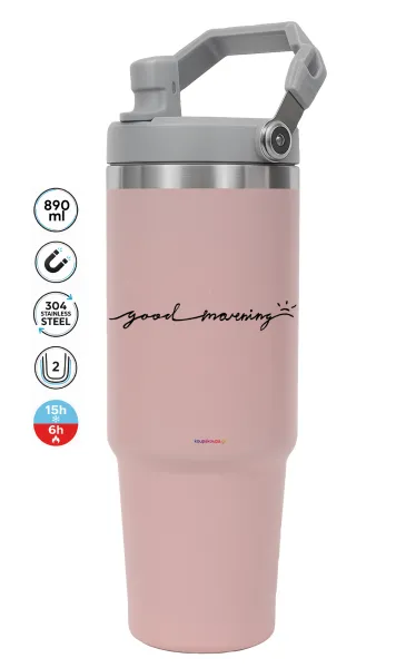 Good morning — ΡΟΖ Travel Tumbler Θερμός με χερούλι και καλαμάκι 890ml