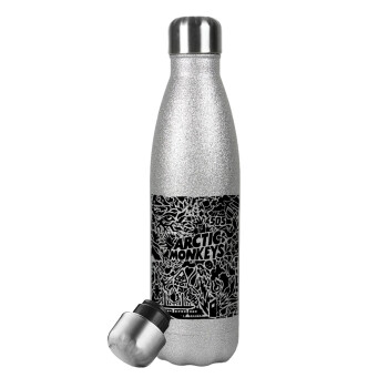 Arctic Monkeys, Μεταλλικό παγούρι θερμός Glitter Aσημένιο (Stainless steel), διπλού τοιχώματος, 500ml