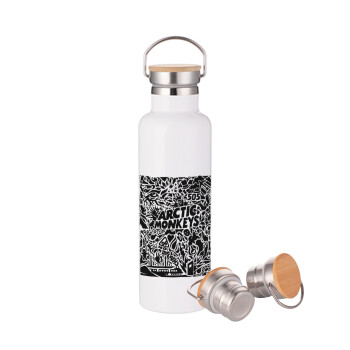 Arctic Monkeys, Μεταλλικό παγούρι θερμός (Stainless steel) Λευκό με ξύλινο καπάκι (bamboo), διπλού τοιχώματος, 750ml