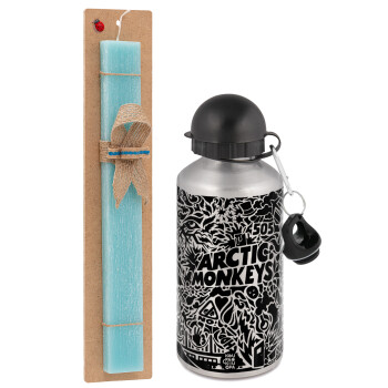 Arctic Monkeys, Easter Set, metallic silver aluminum water bottle (500ml) & scented flat Easter candle (30cm) (TURQUOISE)