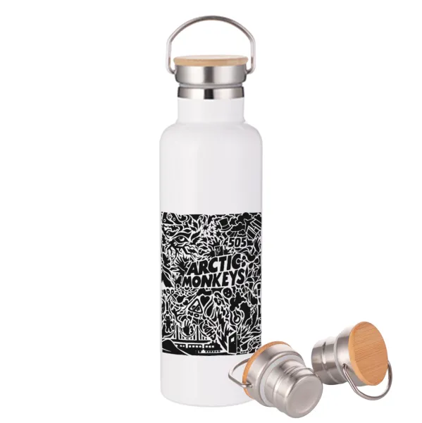 Arctic Monkeys — Μεταλλικό παγούρι θερμός (Stainless steel) Λευκό με ξύλινο καπάκι (bamboo), διπλού τοιχώματος, 750ml
