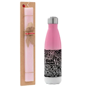 Arctic Monkeys, Easter Set, Metallic pink/white (Stainless steel) thermos, double-walled, 500ml & aromatic flat Easter candle (30cm) (PINK)