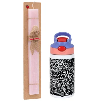 Arctic Monkeys, Easter Set, Children's thermal stainless steel water bottle with safety straw, pink/purple (350ml) & Easter scented flat candle (30cm) (PINK)