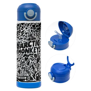 Arctic Monkeys, Children's hot water bottle, stainless steel, with safety straw, BLUE (500ml)