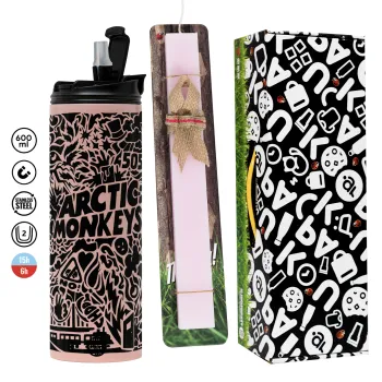 Arctic Monkeys, Easter candle,Travel Tumbler 2 Lids, with metal straw & cleaning brush & aromatic flat candle (30cm) (PINK)