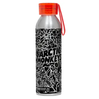 Arctic Monkeys, Αλουμινένιο Αθλητικό Μπουκάλι 650ml – Ασημί με Κόκκινο Καπάκι και Λουράκι Σιλικόνης