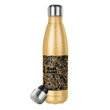 Arctic Monkeys, Glitter gold stainless steel thermos bottle, double-walled, 500ml