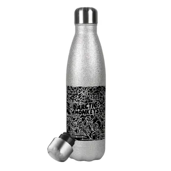 Arctic Monkeys, Μεταλλικό παγούρι θερμός Glitter Aσημένιο (Stainless steel), διπλού τοιχώματος, 500ml