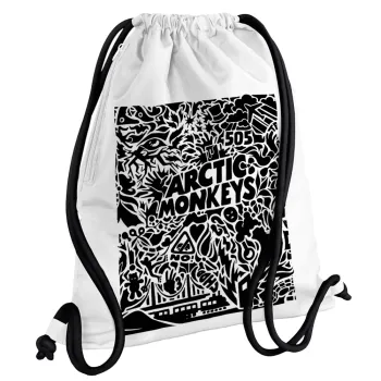 Arctic Monkeys, Τσάντα πλάτης πουγκί GYMBAG λευκή, με τσέπη (40x48cm) & χονδρά κορδόνια