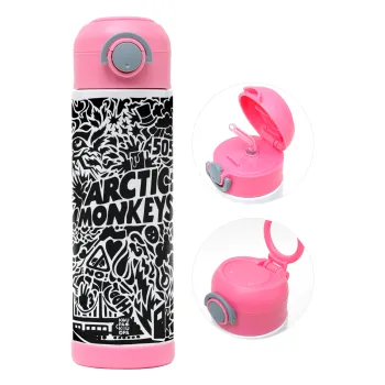 Arctic Monkeys, Children's hot water bottle, stainless steel, with safety straw, PINK (500ml)