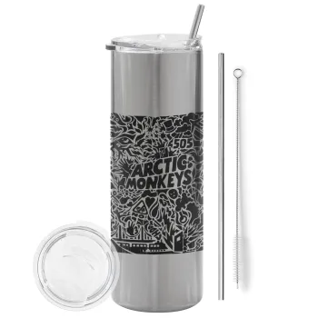 Arctic Monkeys, Tumbler ποτήρι θερμό Ασημένιο από ανοξείδωτο ατσάλι 600ml, με μεταλλικό καλαμάκι & βούρτσα καθαρισμού