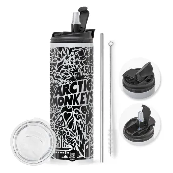 Arctic Monkeys, Travel Tumbler θερμό με διπλό καπάκι, μεταλλικό καλαμάκι και βούρτσα καθαρισμού (Ανωξείδωτο 304 Food grade, BPA free, 600ml)