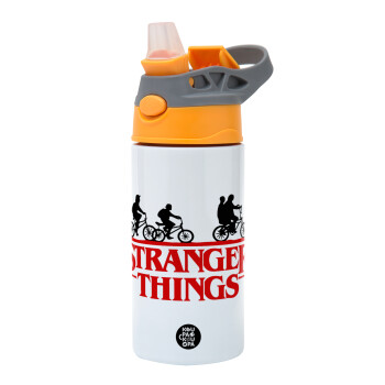 Stranger Things red, Παιδικό παγούρι θερμό, ανοξείδωτο, με καλαμάκι ασφαλείας, Πορτοκαλί/Γκρι (360ml) BPA-FREE