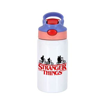 Stranger Things red, Children's hot water bottle, stainless steel, with safety straw, pink/purple (350ml)